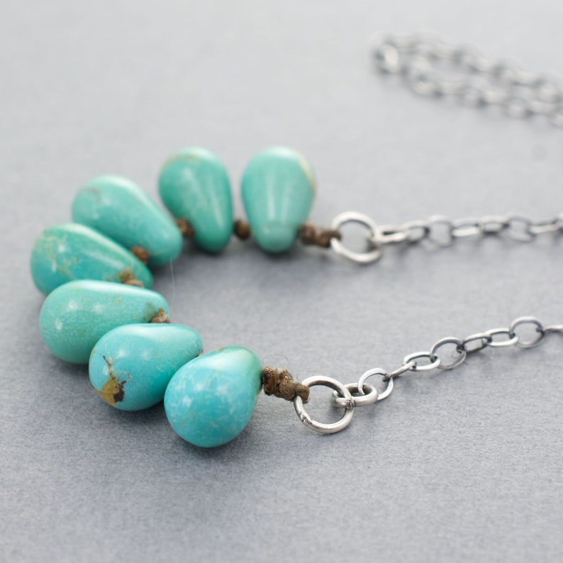 Genuine Blue-Green Turquoise Teardrop Gemstone Beads, Seven Stones on Waxed Linen, Beads 1/4 Wide at the Bottom, .925 Sterling Chain, 4148 image 4