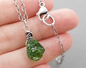 Green Gemstone Pendant Necklace with a Rustic Teardrop Shape, the Stone is Chrome Diopside, Pendant is 7/8" Tall, .925 Sterling Silver, 5084