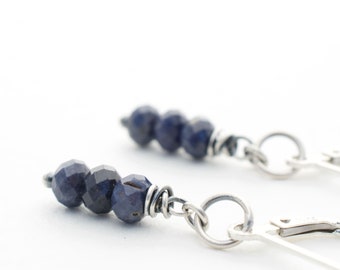 Natural Blue Sapphire Gemstone Earrings, September Birthstone, .925 Sterling Silver, Wire Wrapped Beads, Short Dangles, Beads 3/16", #5170