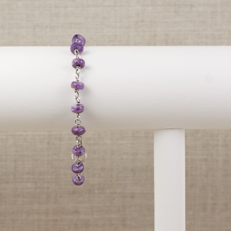 Charoite Purple Gemstone Bracelet, 1/4 Inch x 1/16 Inch, .925 Sterling Silver Metal, Handmade Links Made by Seller, Lobster Clasp, 4936 image 7