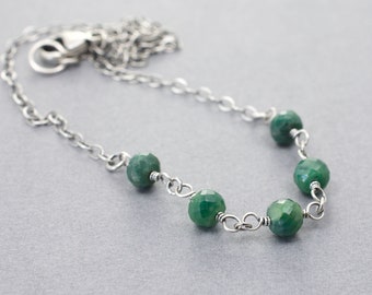 Petite Emerald Gemstone Necklace with 5 Faceted Stones, Beads 3/16" Wide, May Birthstone Gift, Handcrafted Wraps, .925 Sterling Silver, 5227