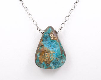 Blue and Brown Chrysocolla Teardrop Pendant, Gemstone Necklace, Malachite, Turquoise, and Brown, .925 Sterling Silver, 1 & 1/2" Tall, #4837