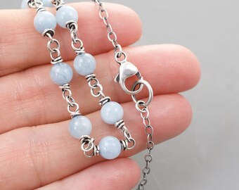 Light Blue Aquamarine Gemstone Necklace, March Birthstone, Round Beads 1/4 Inch, Sterling Silver, Handmade Links, Lobster Claw Clasp  #5203