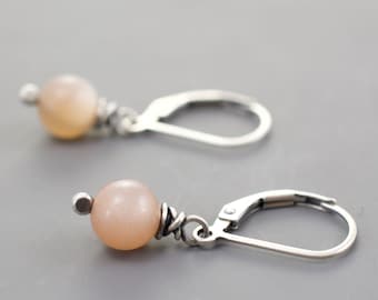 Peach Moonstone Earrings, 7 mm Beads, Wire Wrapped, 925 Sterling Silver, Lever Back Ear Wires, June Birthstone, Short Dangle, #5130