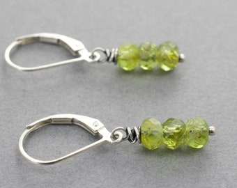 Green Petite Peridot Gemstones With Short Dangle Earrings, August Birthstone Gift for Friend, Lever Back Ear Wires, .925 Sterling, #5141