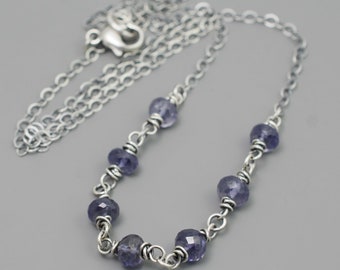 Violet Blue Iolite Gemstone Jewelry Necklace, Beads Wire Wrapped by Seller, Faceted Rondelle Beads 1/4" Wide and 3/16" Tall, Purple, #4586