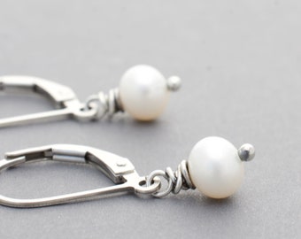 White Pearl Earrings, Sterling Silver, Bridesmaid Proposal Jewelry, Leverback Short Dangle Earrings, Freshwater Pearls, #4985W