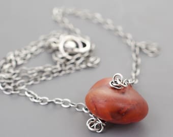 Carnelian Pendant Necklace, Red Orange Gemstone, .925 Sterling Silver Chain, Sterling Lobster Claw Clasp, Old Stock, Smooth Stone, #4971