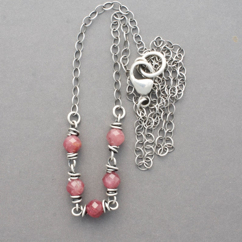 Faceted Petite Pink Tourmaline Gemstone Necklace with 5 Wire Wrapped Links of Faceted 3/16 Inch Wide Beads, .925 Sterling Silver, 5073 image 6