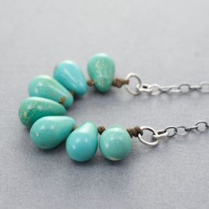 Genuine Blue-Green Turquoise Teardrop Gemstone Beads, Seven Stones on Waxed Linen, Beads 1/4 Wide at the Bottom, .925 Sterling Chain, 4148 image 5