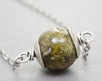 Moss Color Green Garnet Gemstone, Pendant Necklace, January Birthstone, Sterling Silver Chain, Round Grossular Garnet, #5192