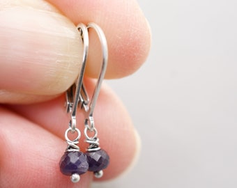 Genuine Blue Sapphire Petite Dangle Sterling Silver Earrings, Beads are 3/16" Wide, September Birthstone, Lever Back Ear Wires, #4881