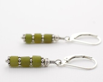 Afghan Jade Earrings, Natural Green Serpentine Beads, .925 Sterling Silver, Short Dangle, Leverback, Hill Tribe Silver, Daisy Spacers  #5215