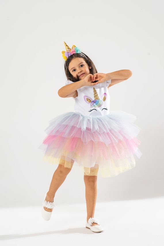 Robe Fille Licorne Tutu Volants Manches Courtes – Imprimé Arc-en-Ciel Coton, Robe Anniversaire Princesse 3-8 Ans