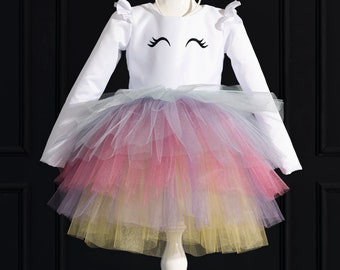 Vestido de aniversário de unicórnio: fantasia de tutu arco-íris com faixa na cabeça