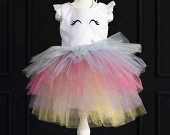 Vestido tutu de aniversário de unicórnio com faixa na cabeça: traje de festa com arco-íris brilhante