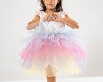 Vestido de cumpleaños de unicornio: traje de tutú arcoíris con diadema de cuerno