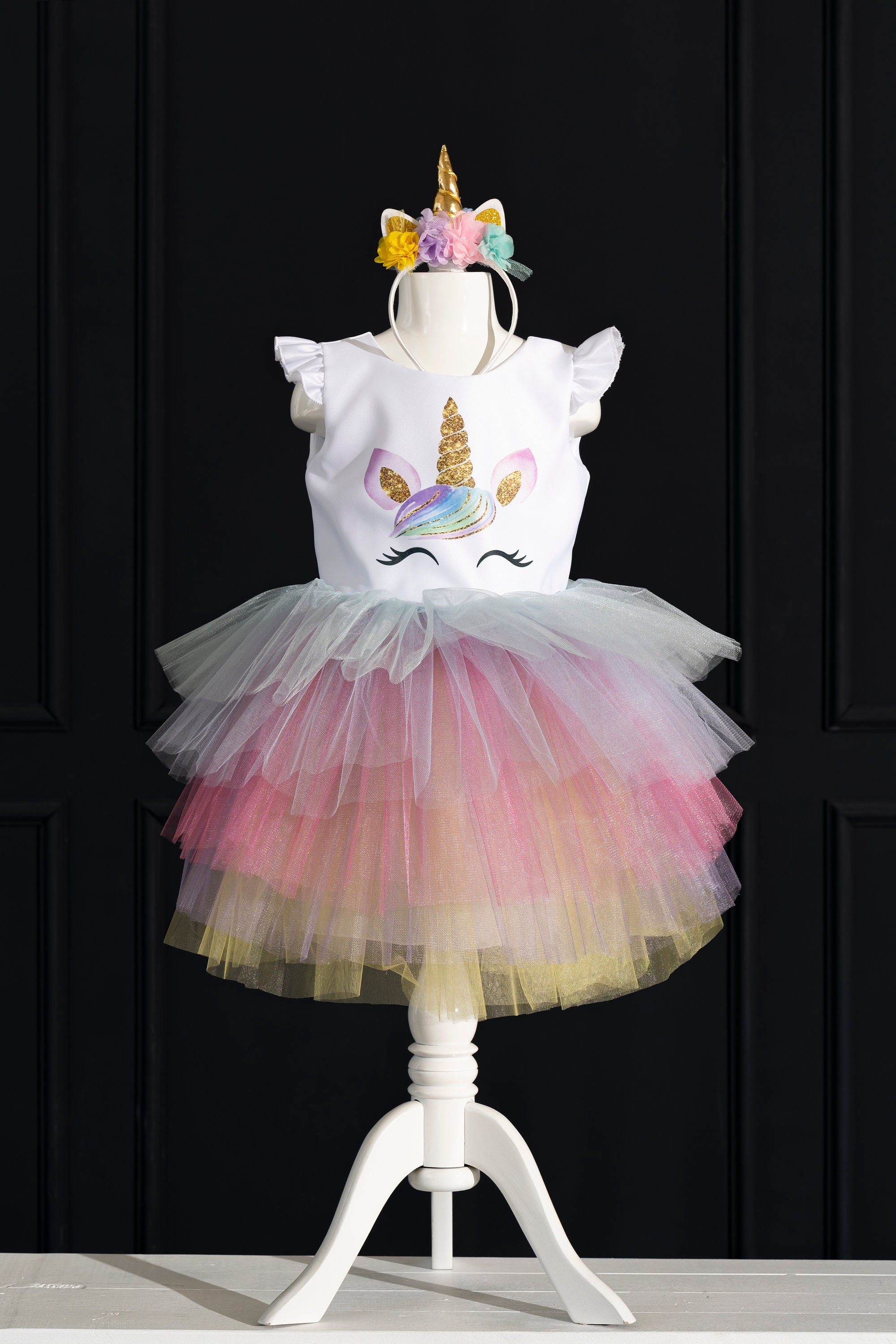 unicorn tutu birthday dress Dress: Girls' Rainbow Outfit With Headband Color:Beige