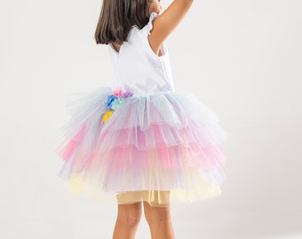 Vestido de aniversário de unicórnio: fantasia de tutu arco-íris com faixa de chifre