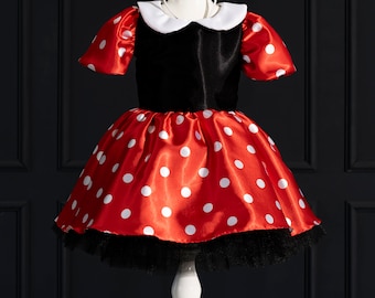 Traje de cumpleaños de Minnie Mouse: Vestido de tutú de lunares rojos con diadema