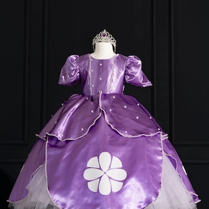 May include: A purple satin dress with a white flower design and a tulle underskirt. The dress has a beaded trim and is decorated with pearl-like embellishments. The dress is on a white stand and has a crown on top.
