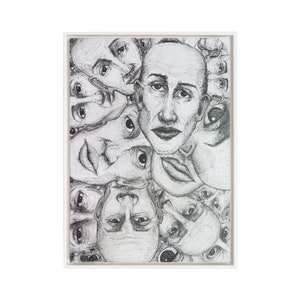 Gezichten I | Ingelijste originele kunstwerken van Leon Zarbock | Fineliner op MDF-plaat | 70X50cm