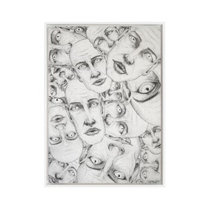 Gezichten II | Ingelijste originele kunstwerken van Leon Zarbock | Fineliner op MDF-plaat | 70X50cm
