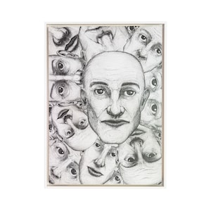 Gezichten III | Ingelijste originele kunstwerken van Leon Zarbock | Fineliner op MDF-plaat | 70X50cm