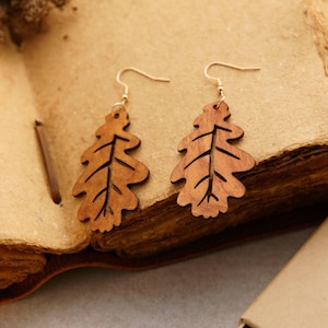 Handcrafted Wooden Earrings, Oak Leaf Shape - Nature-Inspired Jewelry Gift for her