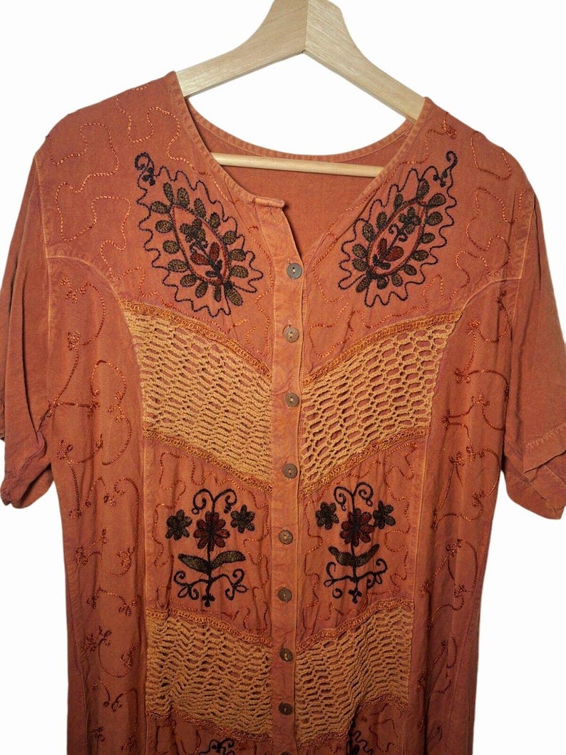 Vintage Boho Terracotta Maxi Dress With Crochet Accents and Floral ...