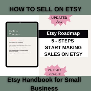 以下が含まれることがあります： 「Etsyで販売する方法」と「Etsyハンドブック中小企業向け」というテキストが書かれた緑と白のグラフィック。グラフィックには、「更新日7月」というテキストが書かれたピンクの星型と、「Etsyロードマップ」というテキストが書かれた黒い長方形も含まれています。ロードマップの下には、「24時間セール75％オフ」というテキストが書かれたピンクの星型があります。