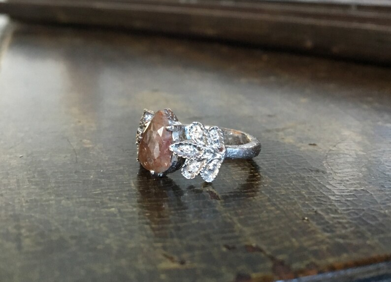 Fairy dream red brown gray custom 1 carat rose cut diamond solitaire branch pave white diamond twig band rustic engagement ring image 4