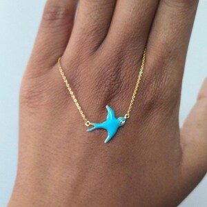 14K Gold and diamond light blue turquoise enamel Bluebird blue bird necklace diamond eye jewelry birthday gift mothers day gift image 3