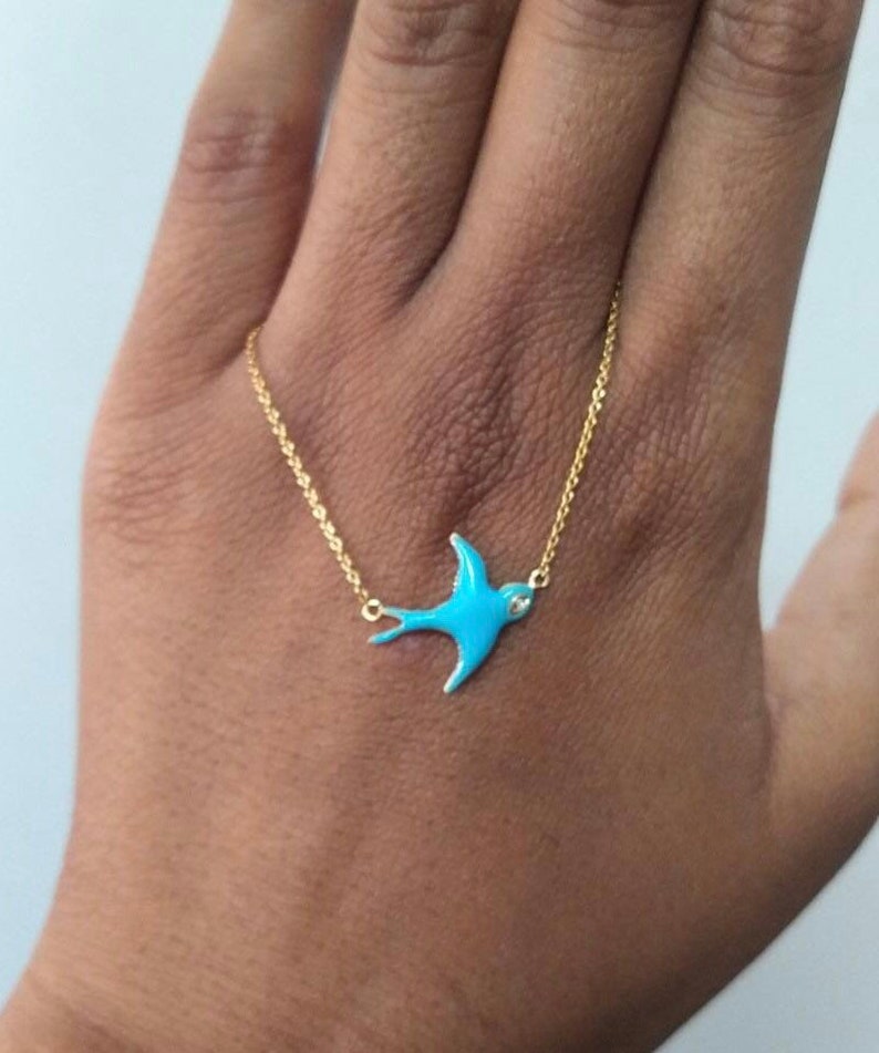 14K Gold and diamond light blue turquoise enamel Bluebird blue bird necklace diamond eye jewelry birthday gift mothers day gift image 3