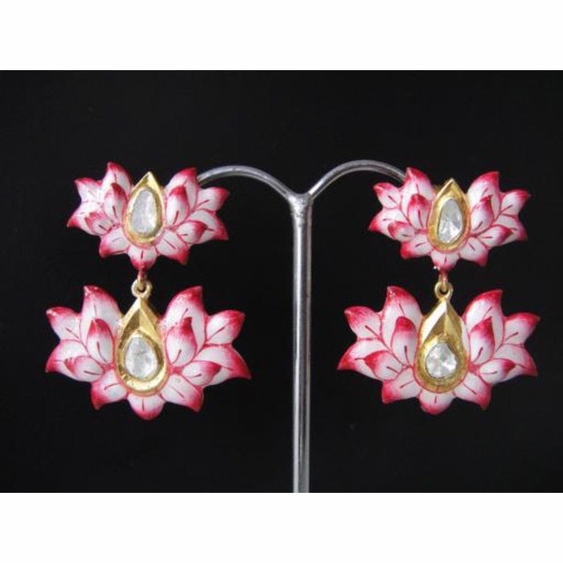 Lotus earrings Polki diamond enamel flower floral dangle drop earrings Gold vermeil earrings image 4