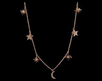 14K rose gold diamond moon and stars necklace diamond crescent moon necklace shaker necklace choker