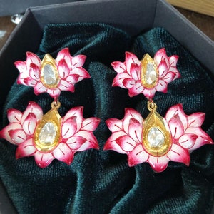 Lotus earrings Polki diamond enamel flower floral dangle drop earrings Gold vermeil earrings image 1