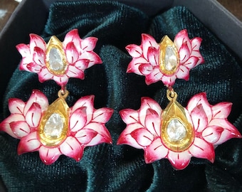 Lotus earrings Polki diamond enamel flower floral dangle drop earrings Gold vermeil earrings