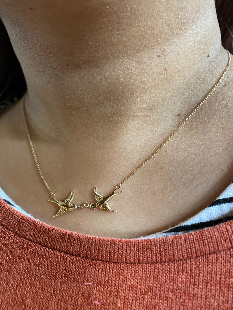 14K Gold and diamond Kissing birds necklace Yellow Gold rose gold white Gold G SI1 diamonds lovebirds necklace vintage sparrow image 2