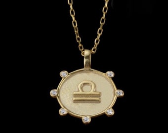 14K Gold and Diamond Libra necklace yellow gold rose gold white gold