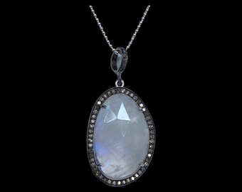 Moonstone and champagne diamond halo pendant necklace sterling silver long ball chain unisex