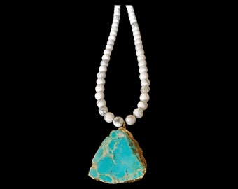 White marble gold rimmed turquoise and white howlite long layering necklace