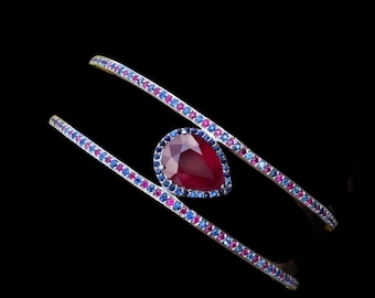 Ruby 5 carat pear shape 1 carat accent ruby blue sapphire halo double row cuff bracelet custom jewelry sterling silver custom