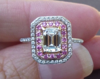 Holiday deals Vintage Emerald cut 1.5 carat tw diamond engagement ring E VS2 pink sapphire diamond halo ring size 4.75 stunning