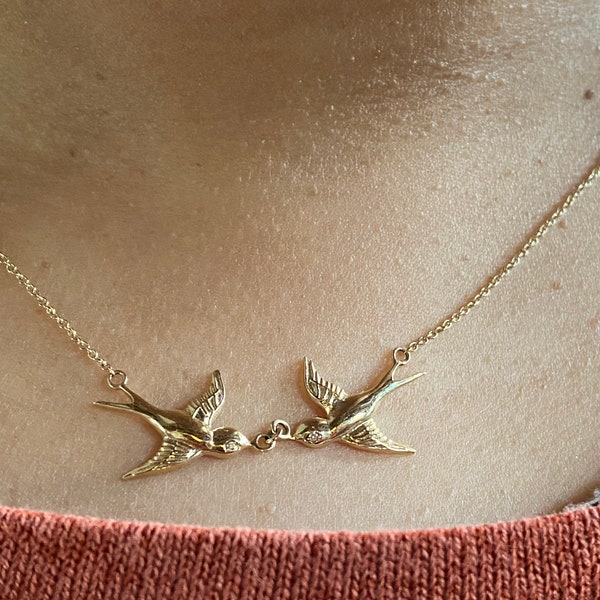 14K Gold and diamond Kissing birds necklace Yellow Gold rose gold white Gold G SI1 diamonds lovebirds necklace vintage sparrow