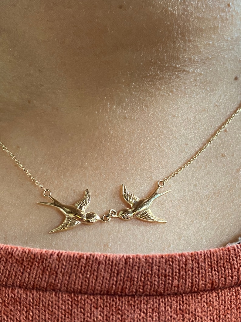 14K Gold and diamond Kissing birds necklace Yellow Gold rose gold white Gold G SI1 diamonds lovebirds necklace vintage sparrow image 1