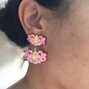 Lotus earrings Polki diamond enamel flower floral dangle drop earrings Gold vermeil earrings image 2