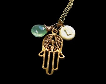 24K GOLD OR SILVER Hand of Fatima hamsa hand custom initial hand stamped engraved disc necklace with gemstone