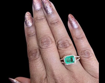 14K Yellow Gold 1.76 ctw  Emerald cut Emerald diamond halo ring