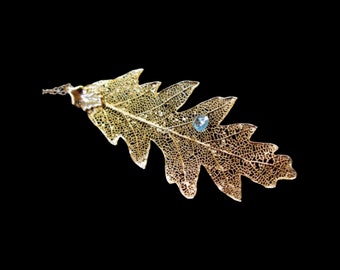 24K Gold real leaf and aqua december blue topaz faceted hear briolette necklace only one